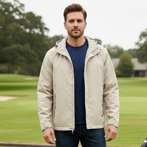 Top-Flite Jacket Men's M Full Zip Hooded Golf Microfiber Beige Outdoor Athletic